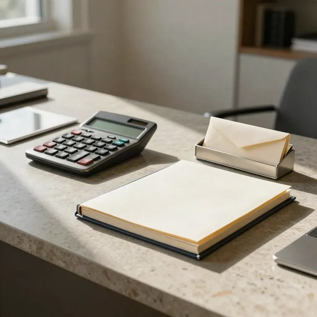Calculadora, libro cerrado y sobre sellado sobre piedra; ambiente sobrio y elegante.