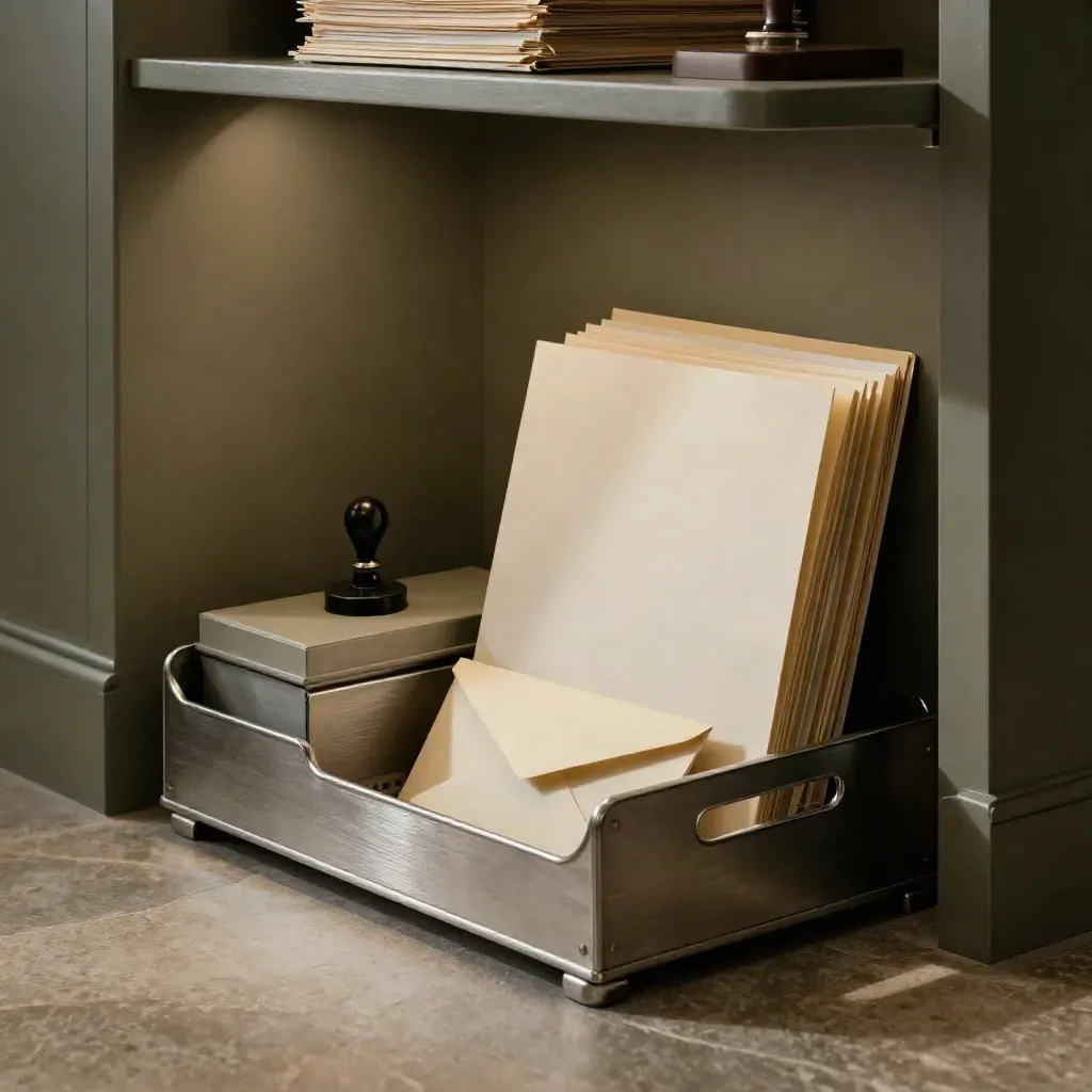 Rincón de archivo administrativo con bandejas, carpetas en relieve, sello y caja de documentos.