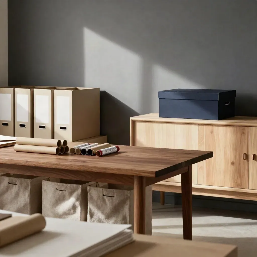 Estudio doméstico ordenado con cajas de archivo, tubos y un paquete final sobre una consola.