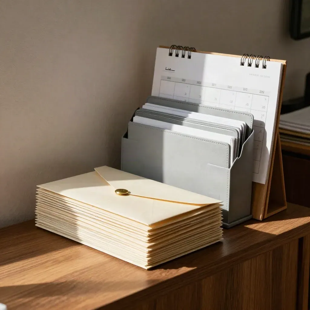 Sobres de nóminas y archivo ordenado en un rincón de oficina cálido.