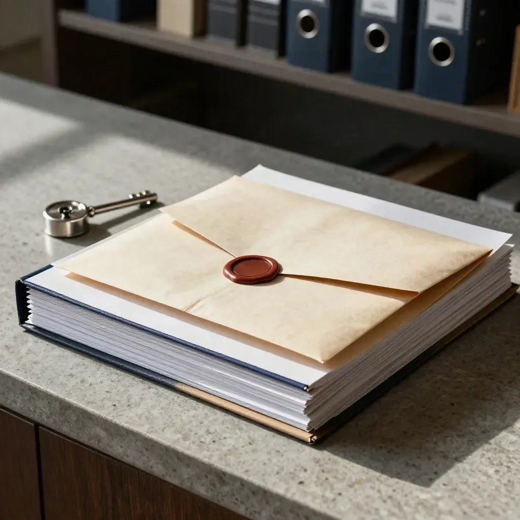 Paquete de respuesta archivado sobre bandeja de documentos, con carpeta y marcador en calma tensa.