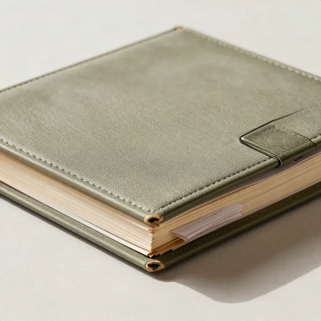 Primer plano de un libro contable cerrado, fichas y clip de recibos sobre archivador con luz rasante.