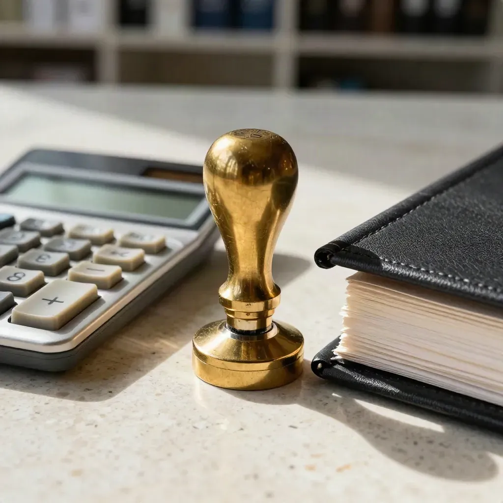 Macro de herramientas fiscales: sello de fecha de latón, calculadora y archivador de lino sobre travertino.