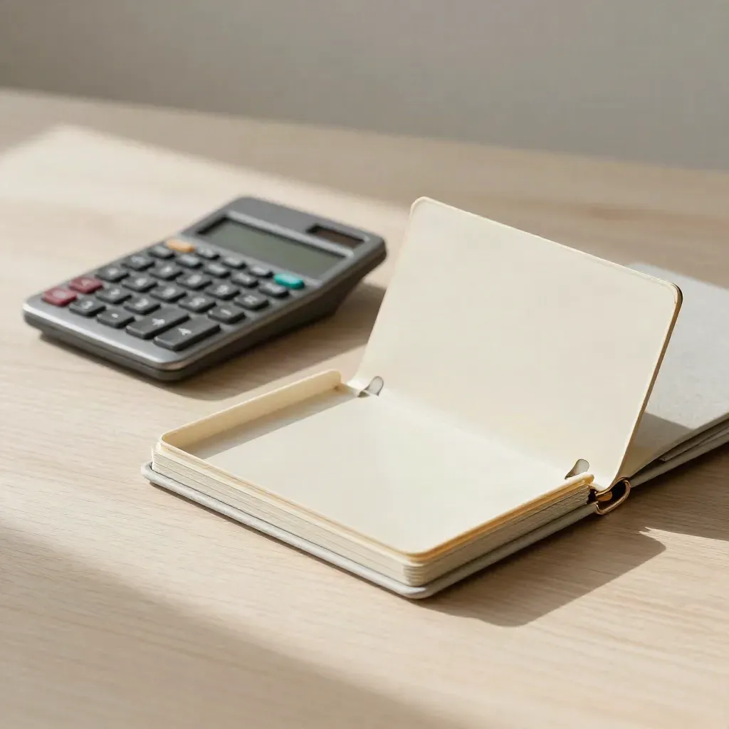 Carpeta cerrada, calculadora compacta y bandeja divisoria sobre madera clara, con luz suave lateral.