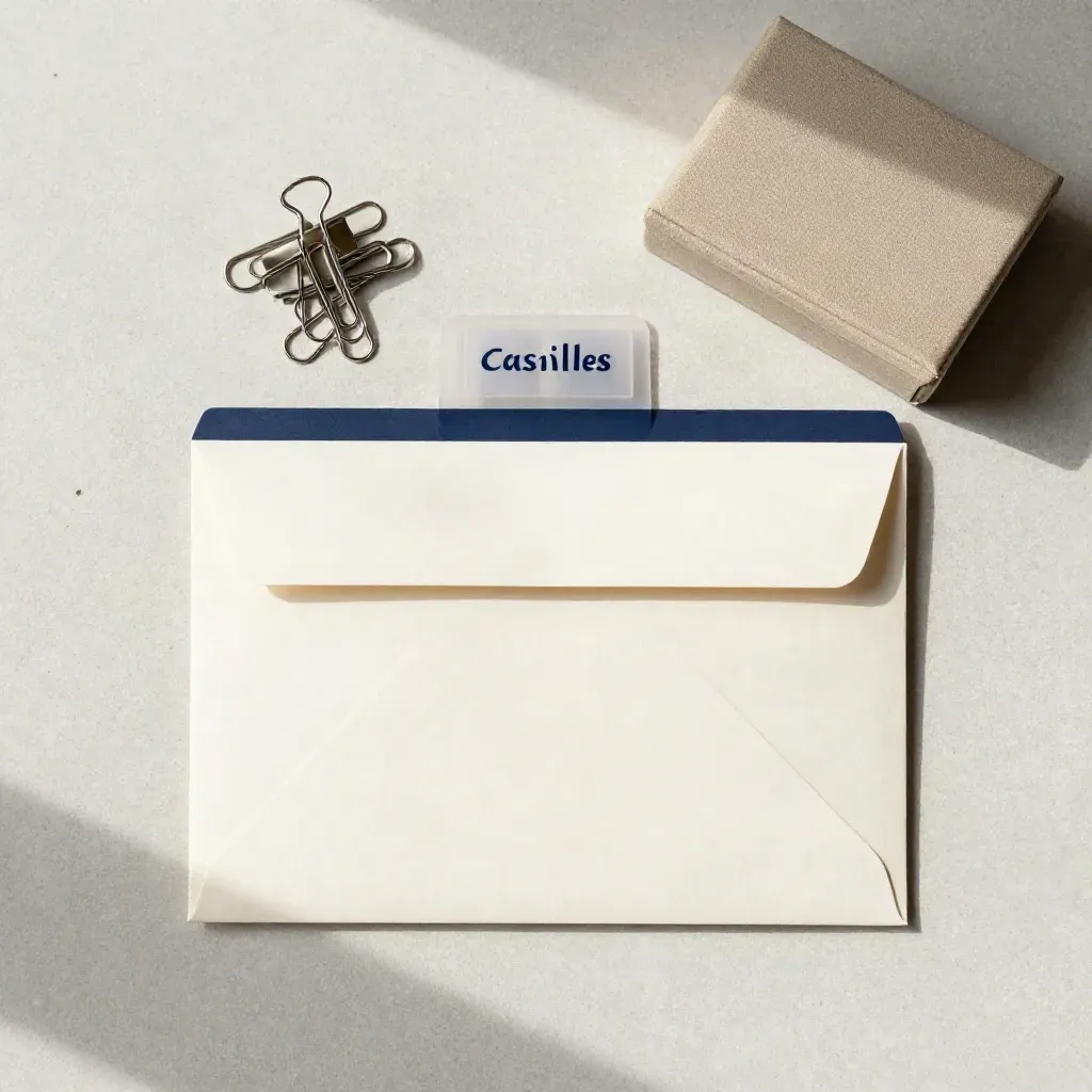 Vista cenital de carpeta, clips, pestañas y caja archivadora sobre piedra clara.