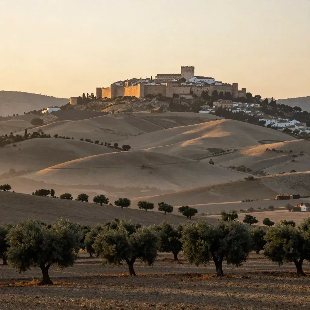 Andalucía al atardecer con olivos, una cresta histórica y valle brumoso.