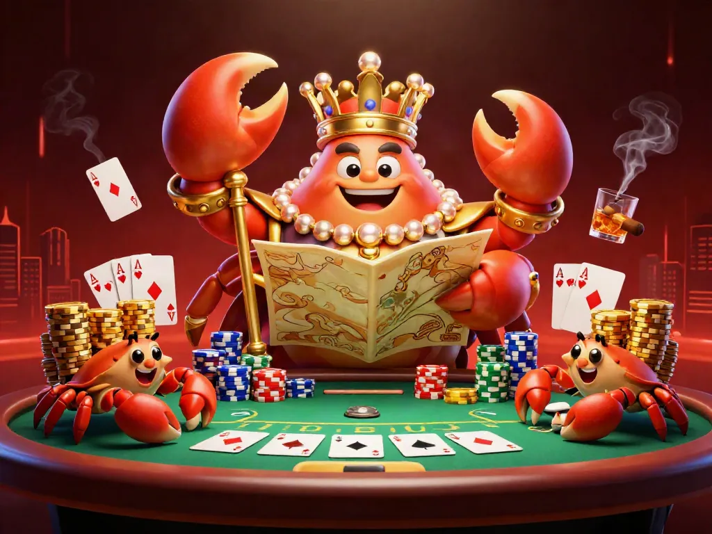 spinbara casino scene with a golden crab holding a scepter, poker chips, and aces on a vibrant background